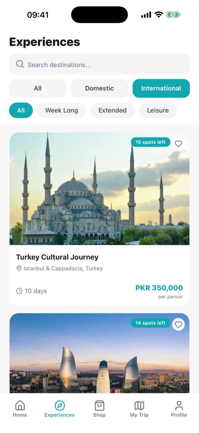 Experiences list with search and filters