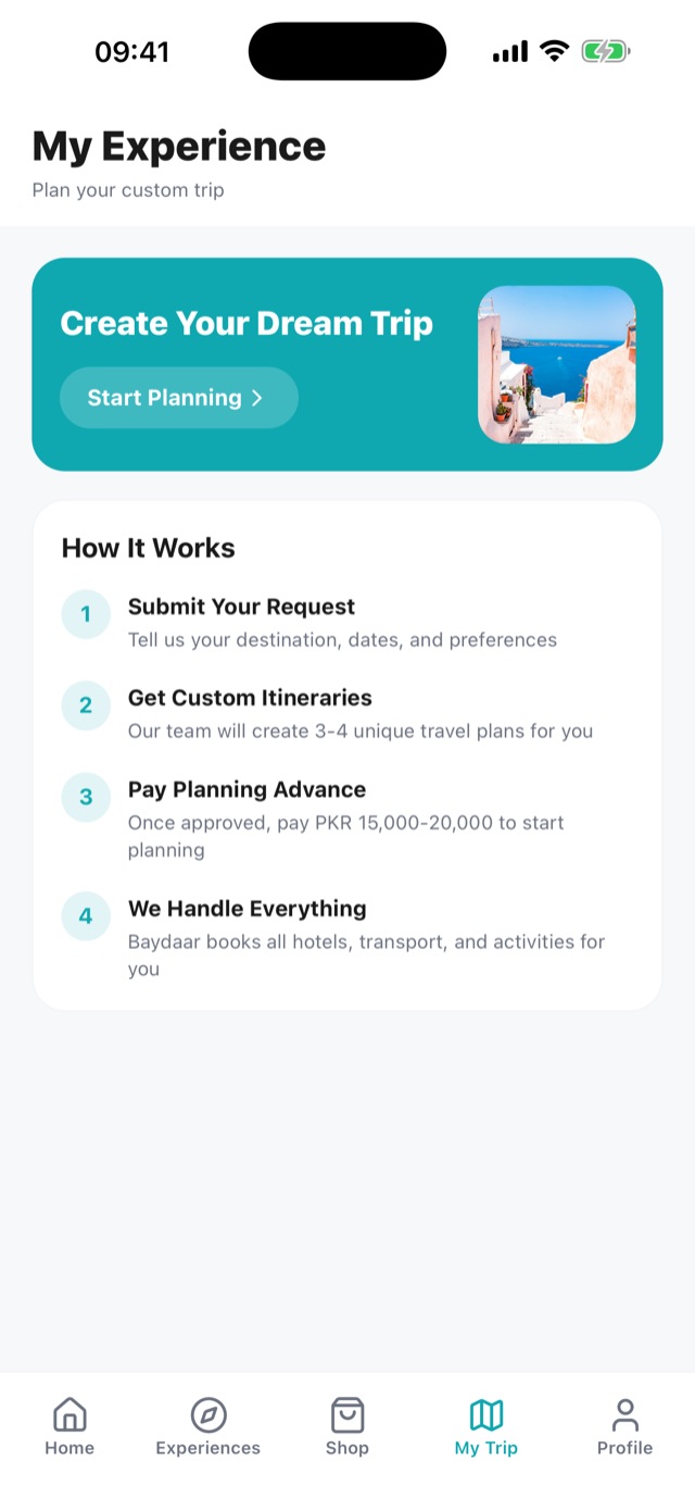 My Trip screen for requesting a custom-planned trip